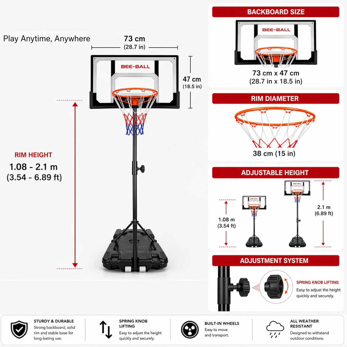 Bee-Ball Junior Basketball Hoop & Stand (3.5–7ft) – Adjustable Portable Kids Basketball System