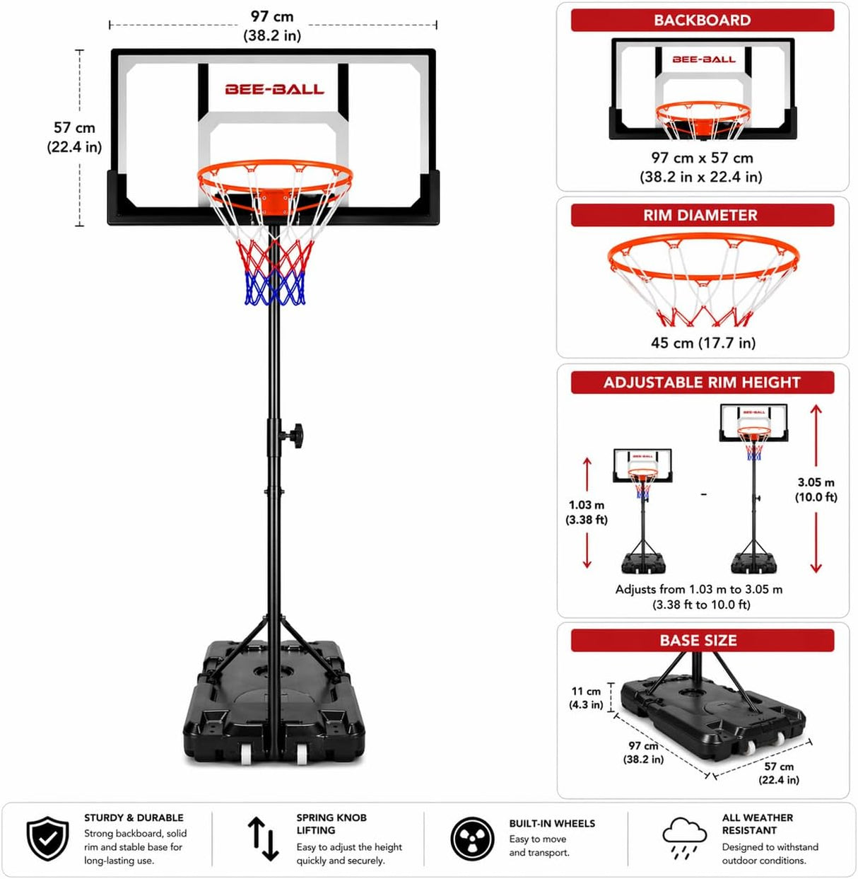 Bee-Ball Adjustable Basketball Hoop & Stand (3.3–10ft) – Full NBA Height Outdoor System