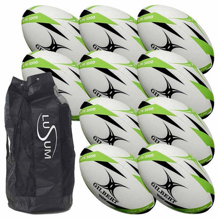 10 x Gilbert GTR3000 Trainer Rugby Green Balls Inc Bag