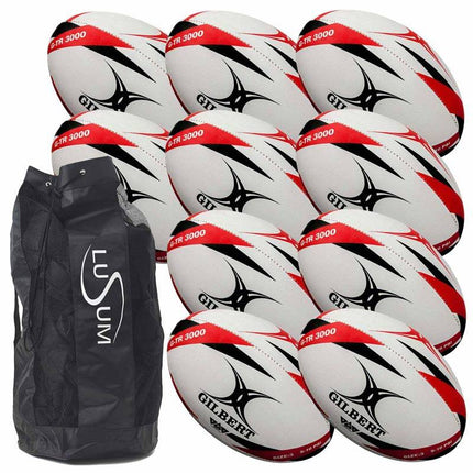 10 x Gilbert GTR3000 Trainer Rugby Red Balls Inc Bag